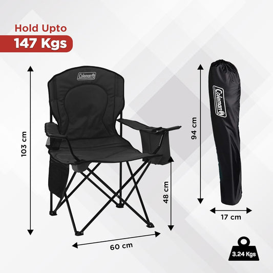 Coleman Polyester Sturdy Foldable Oversized Quad Camping Chair with Attached Can Cooler and Cup Holder. Brand Coleman