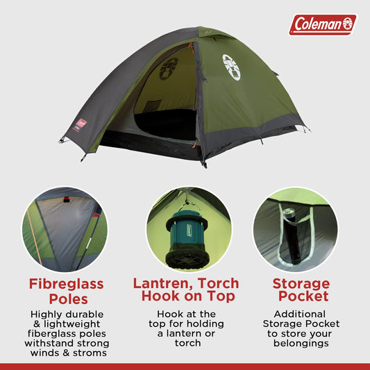 Coleman Polyester Darwin 2 Person Camping Dome Tent, 5-10 Minutes Easy Setup | Full Fly Waterproof Sheet | Suitable for All Season.