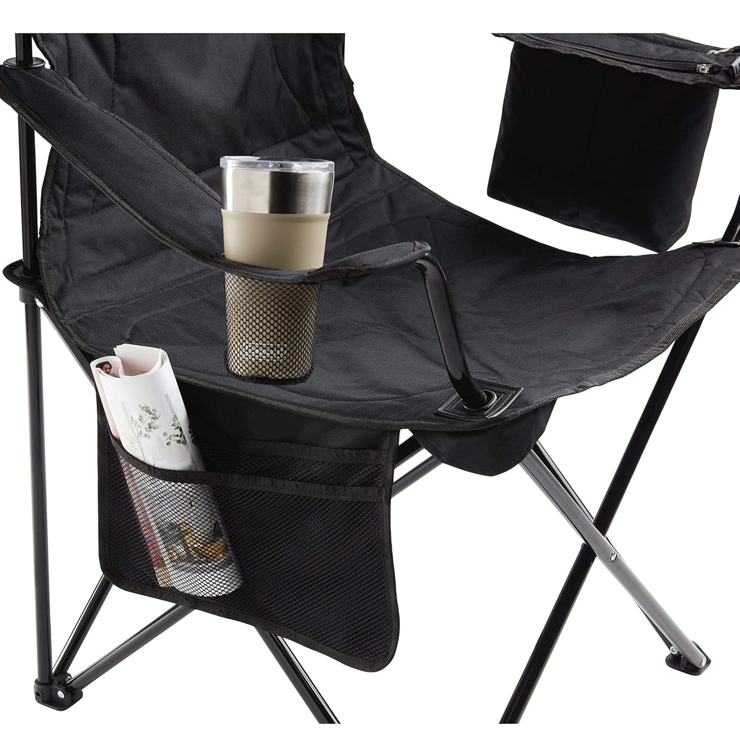 Coleman Polyester Sturdy Foldable Oversized Quad Camping Chair with Attached Can Cooler and Cup Holder. Brand Coleman