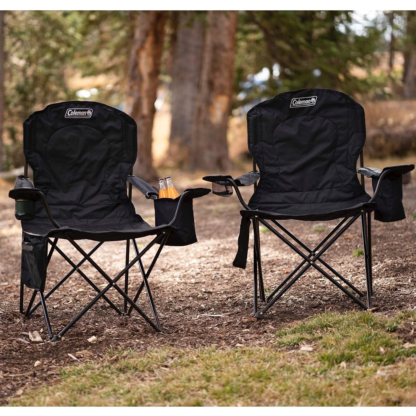 Coleman Polyester Sturdy Foldable Oversized Quad Camping Chair with Attached Can Cooler and Cup Holder. Brand Coleman